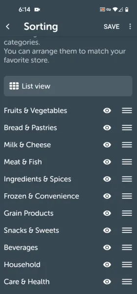 Lista no Bring! com produtos agrupados por categorias