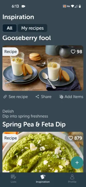Feed de inspiração no Bring! com cartões de receitas