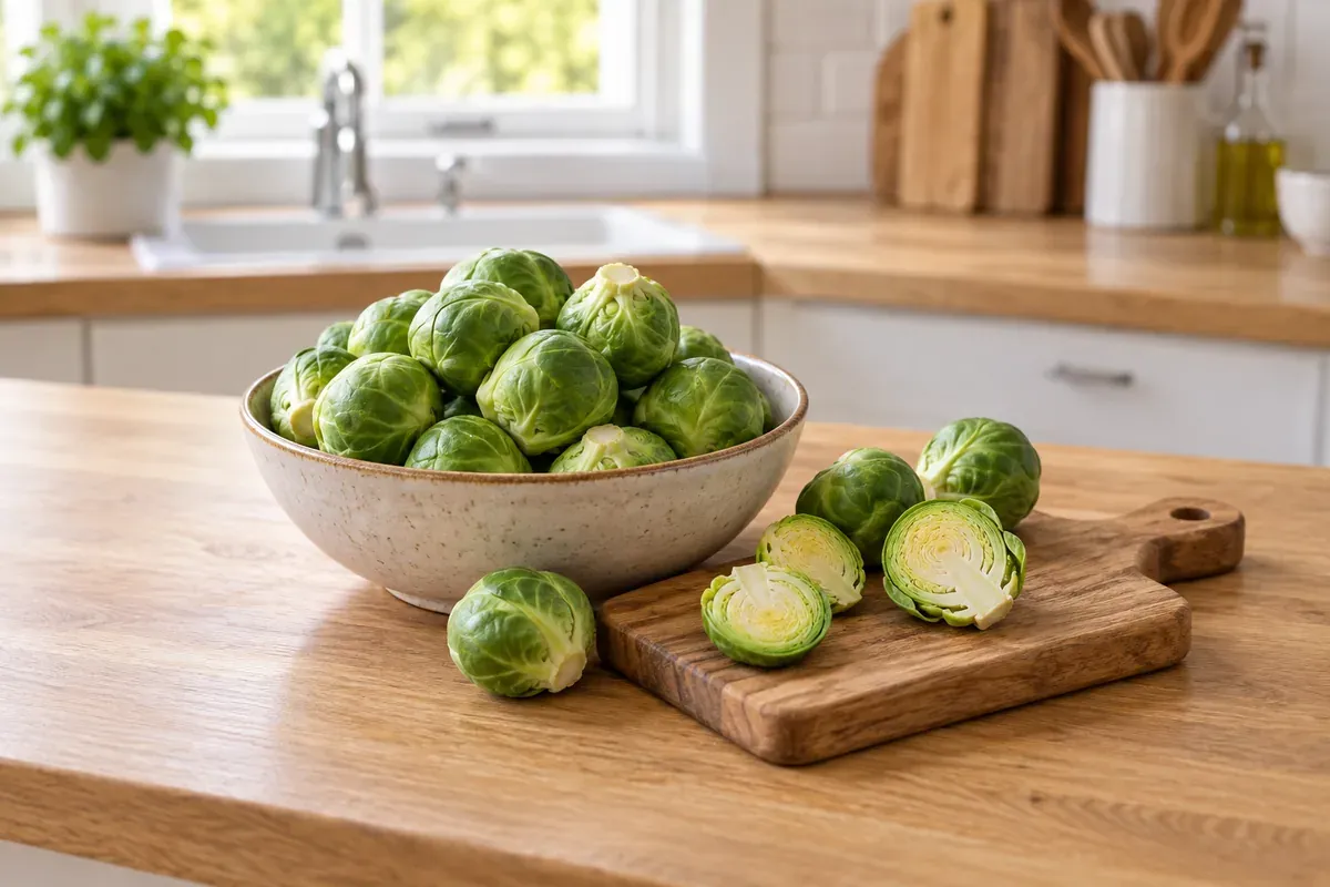 Rosenkohl in einer Schüssel und einige halbierte Röschen auf einem Brett
