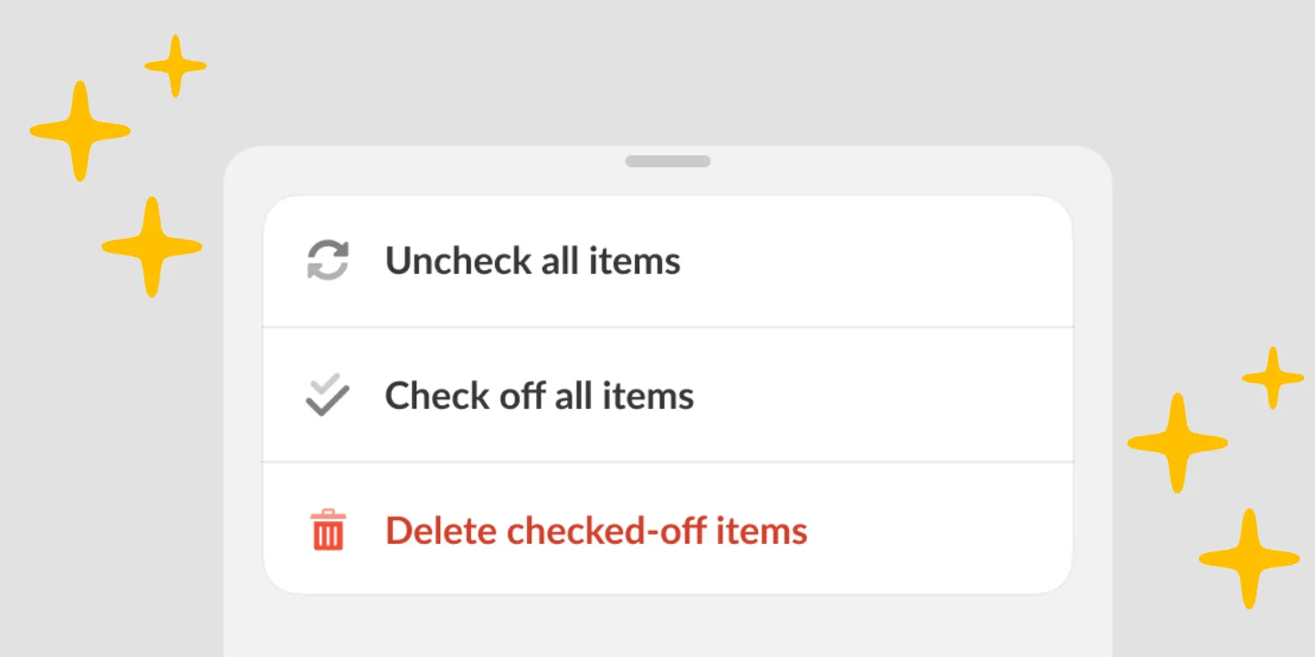 A Listonic list menu offering Uncheck all items, Check off all items and Delete checked-off items.