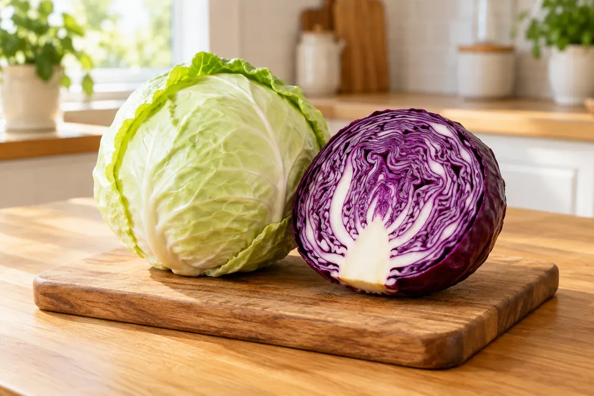 Ein grüner Kohlkopf und ein halbierter Rotkohl auf einem Holzbrett