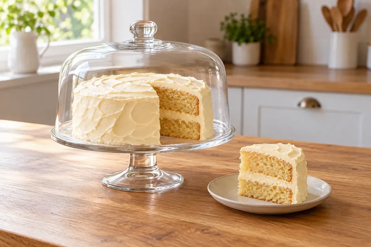 Glasierte Schichttorte unter Glashaube, daneben ein Stück auf dem Teller