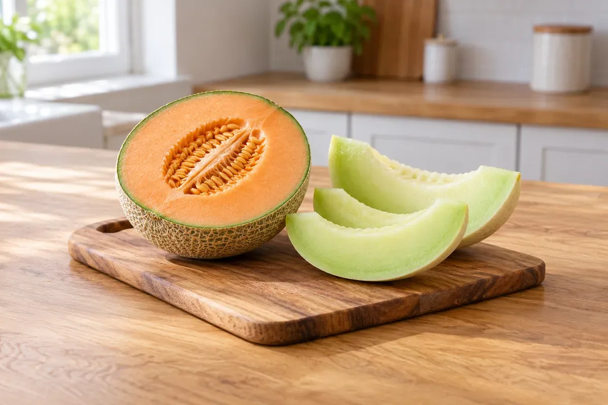 Eine halbierte Cantaloupe-Melone und Scheiben von Honigmelone auf einem Brett