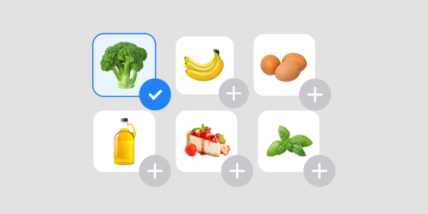 Listonic product catalog as a grid of photographs - broccoli, bananas, eggs, oil, cake and basil - each with a button to add it to the list.