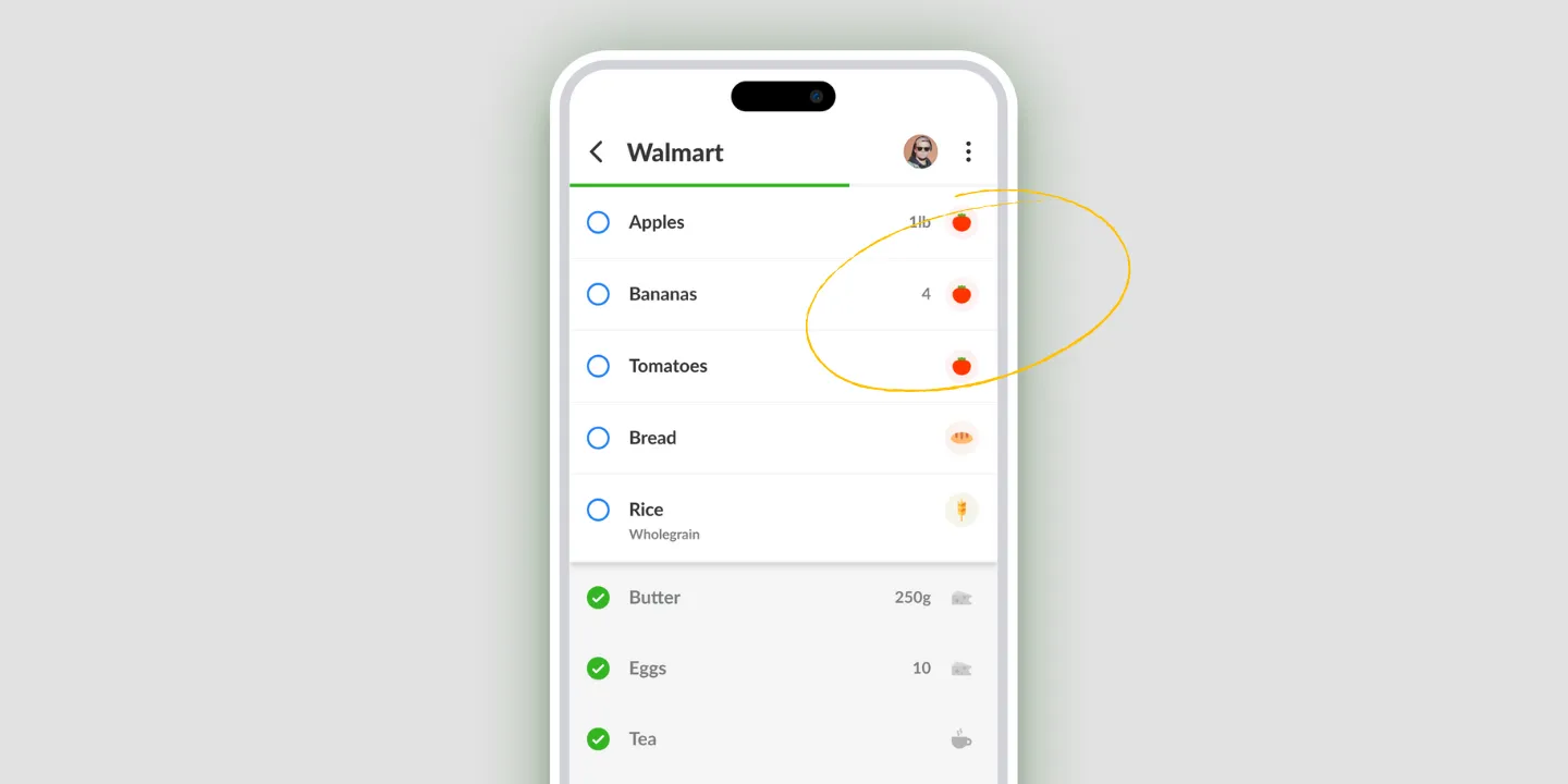 A Listonic shopping list for Walmart with unchecked products above and completed ones below, each row carrying its category mark.