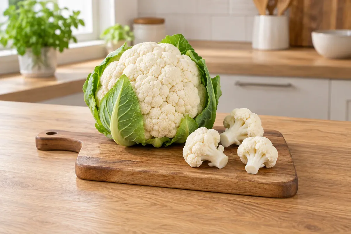Ein ganzer Blumenkohlkopf und einige Röschen auf einem Brett