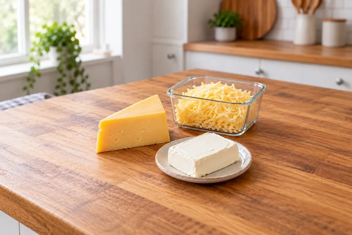 Gelbes Käsestück, geriebener Käse und ein Block Frischkäse