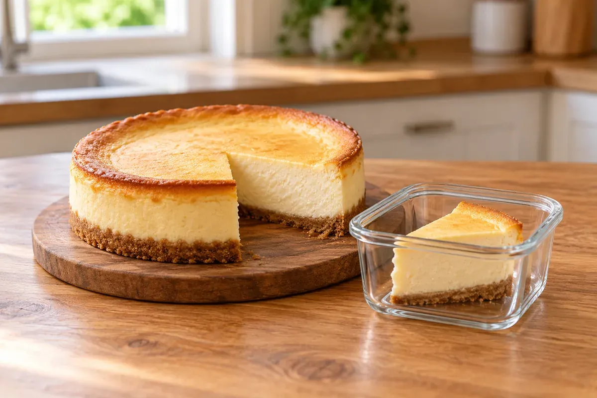 Käsekuchen mit fehlendem Stück neben einem Stück in einer Glasdose