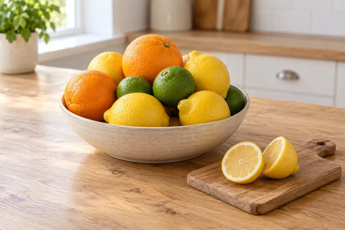 Zitronen, Limetten, Orangen in einer Schale, eine Zitrone aufgeschnitten