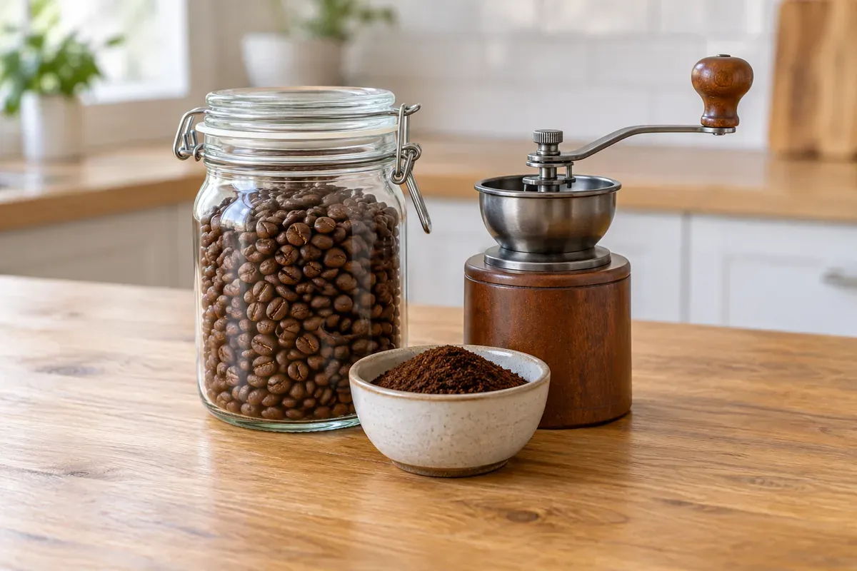 Verschlossenes Glas Kaffeebohnen, Schale mit gemahlenem Kaffee und Handmühle