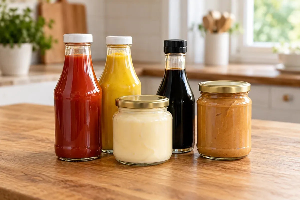 Ketchup, Senf und Sojasauce in Flaschen neben Mayo und Erdnussbutter im Glas