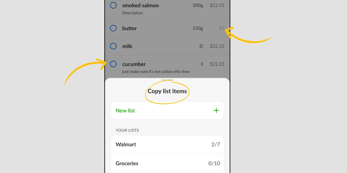 A Listonic list with the Copy list items sheet open, offering a new list or an existing one to copy into.