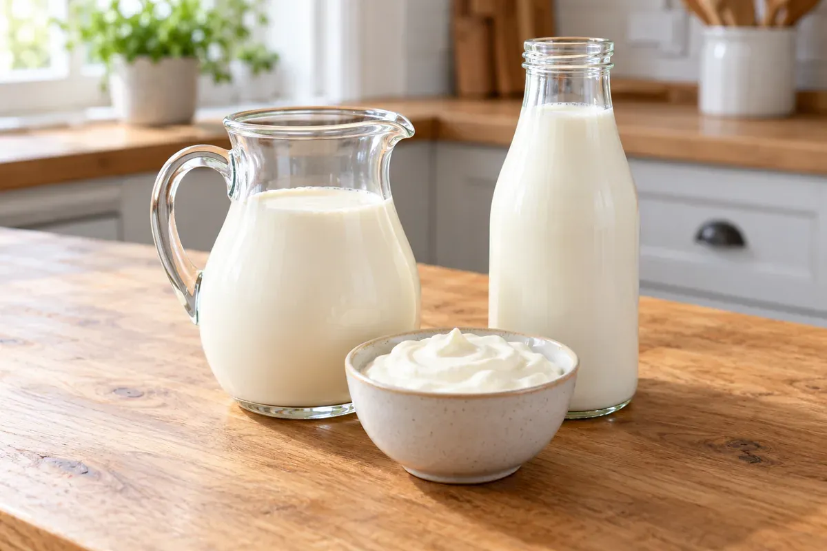 Ein Krug Sahne, eine Flasche Buttermilch und eine Schüssel Schmand