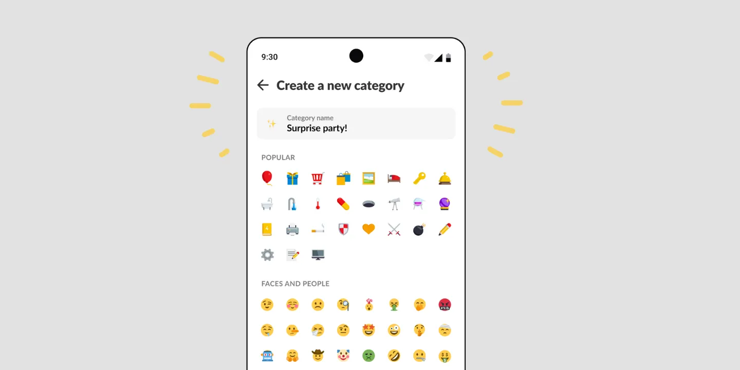 Listonic Create a new category screen, named Surprise party, with an emoji picker for its icon.