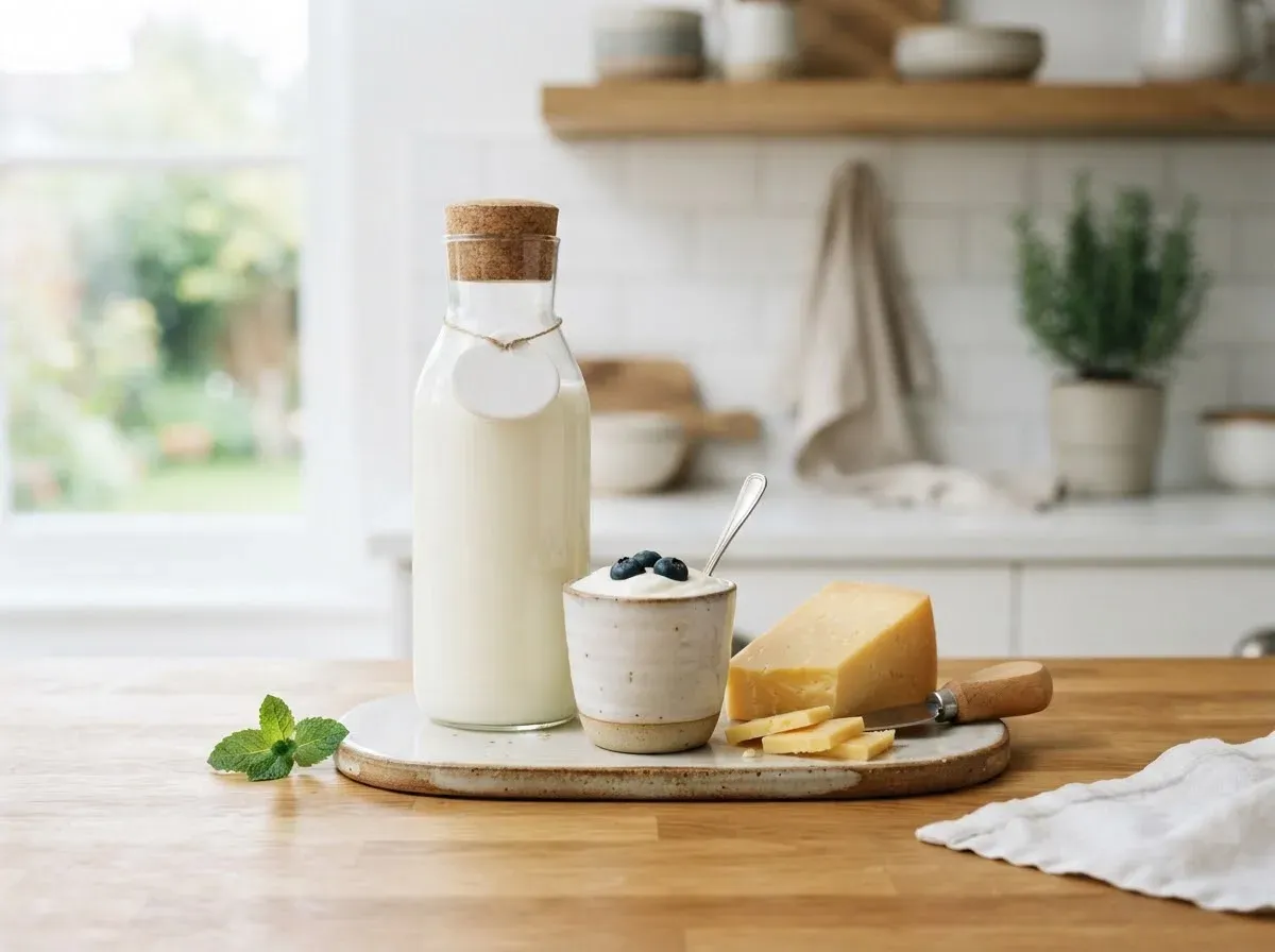 Eine Milchflasche, ein Joghurt und ein Stück Käse auf der Arbeitsplatte