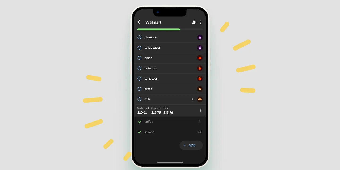 A Listonic shopping list in dark mode, with unchecked, checked and total costs at the foot of the list.