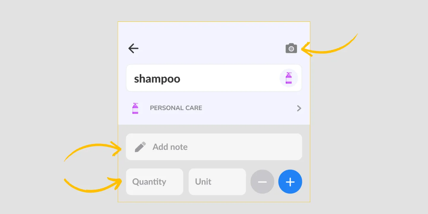 A Listonic item screen for shampoo, with its category, a note field, and quantity and unit inputs.