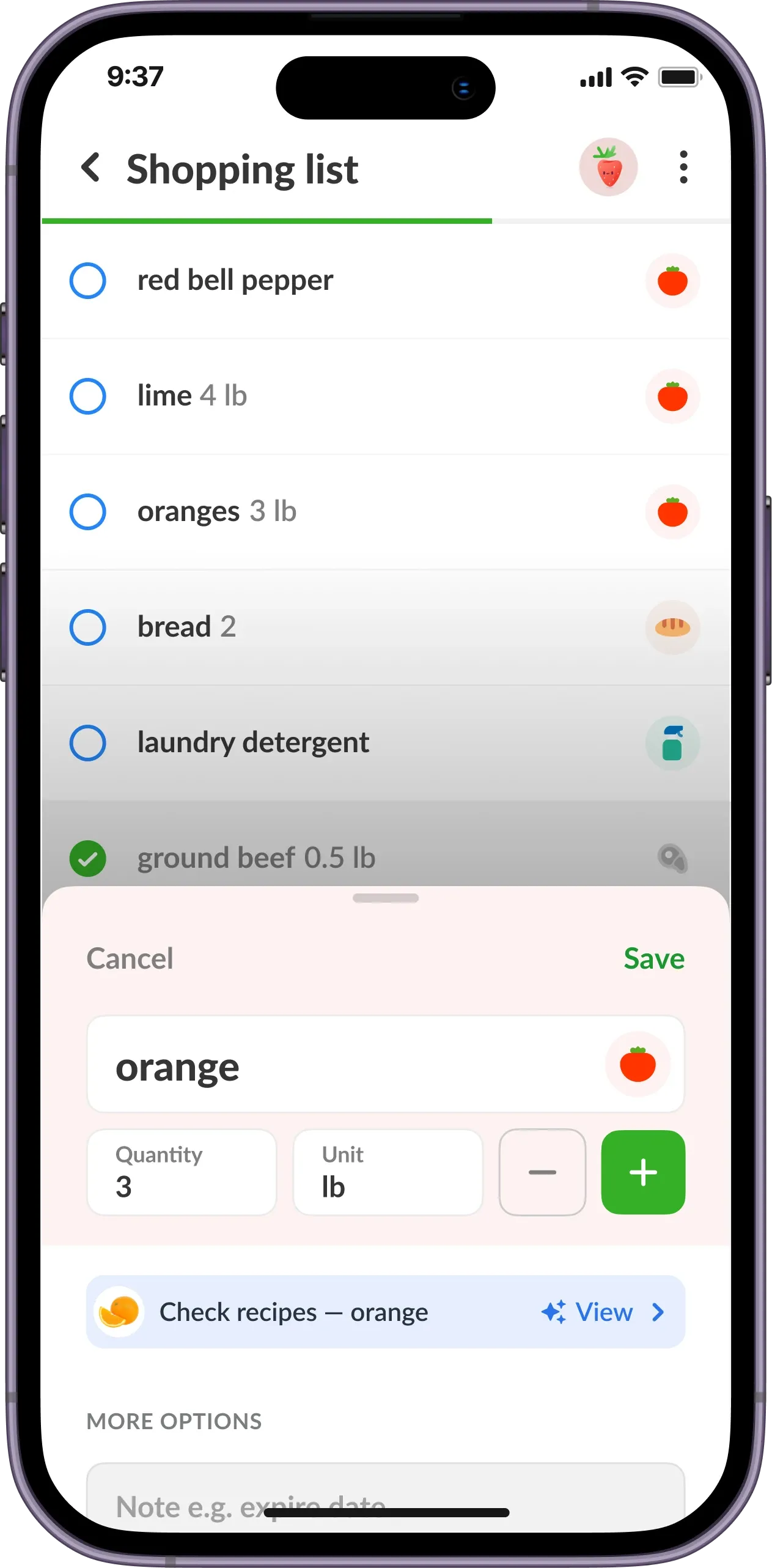 Un article Listonic ouvert pour régler quantité, unité et note