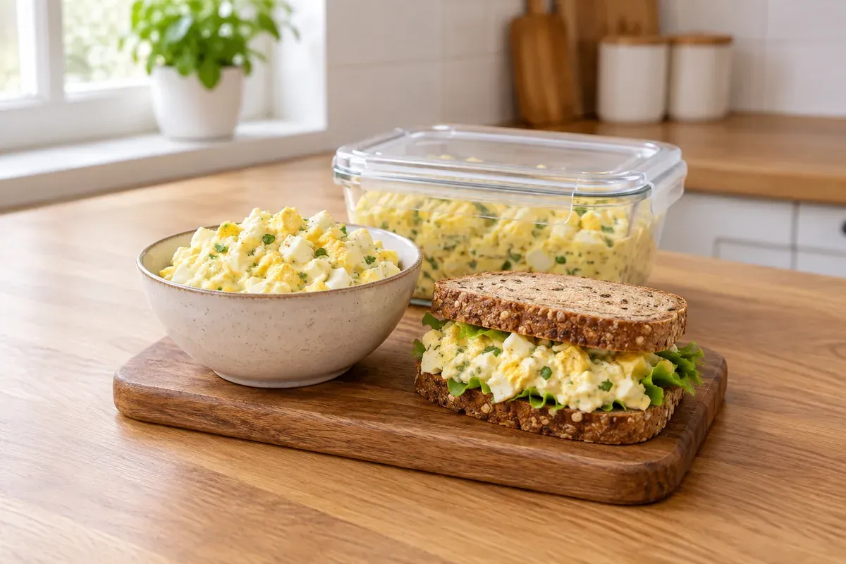 Eine Schüssel Eiersalat, ein Eiersalatsandwich und eine Glasdose mit Deckel