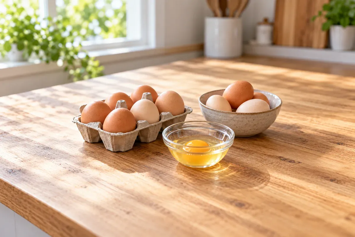 Braune Eier im Karton und in einer Schüssel, eins im Glas aufgeschlagen