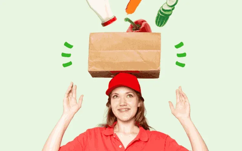 Illustration of a grocery bag with product suggestions popping out above it