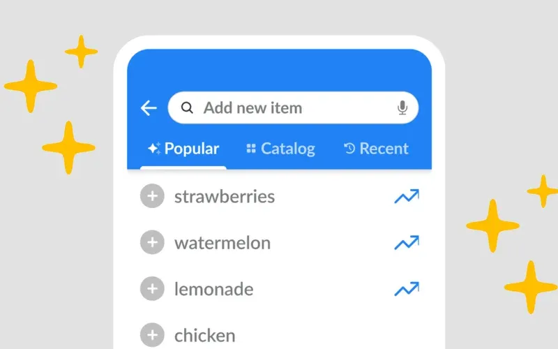 A phone screen showing a product-suggestions search with popular items like strawberries and watermelon