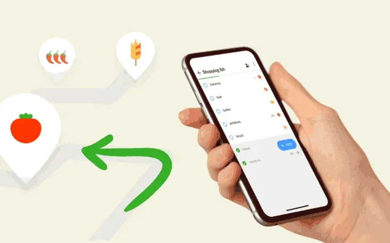 Illustration of a shopping list on a phone next to category pins on a route