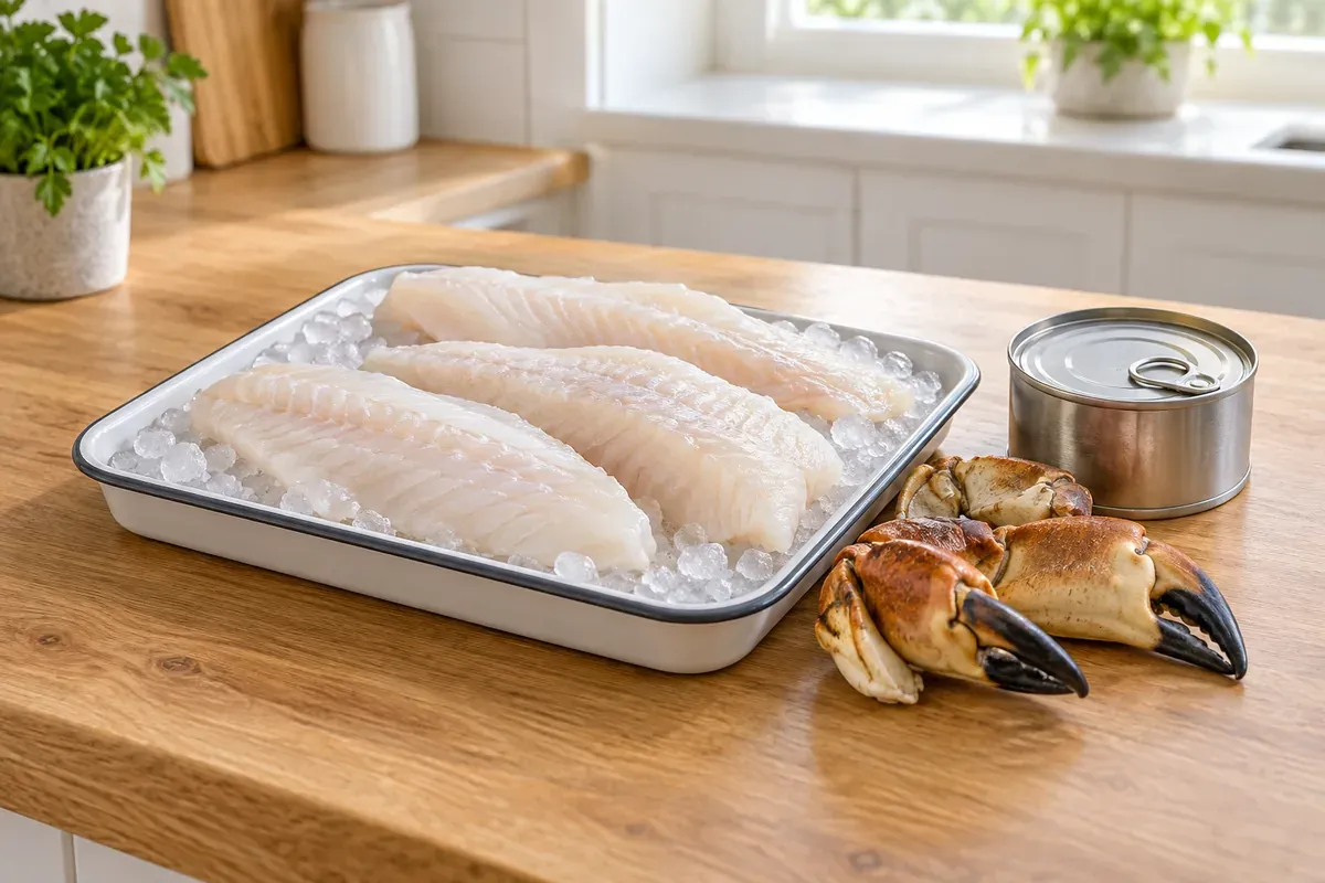 Weiße Fischfilets auf Eis, Krabbenscheren und eine Thunfischdose ohne Etikett
