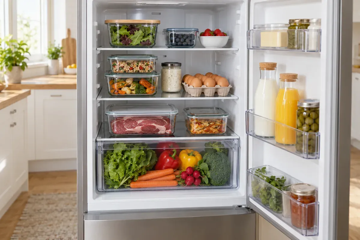 Ein offener, ordentlicher Kühlschrank mit Eiern, Gemüse, Fleisch und Resten