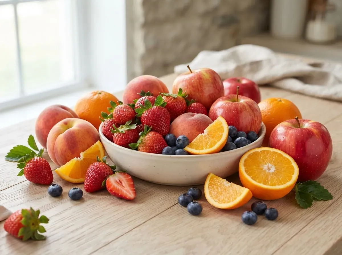 Pommes, pêches, fraises, oranges et myrtilles sur une table de cuisine