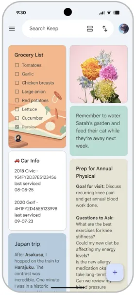 Google Keep’s home grid mixing a Grocery List checklist with a photo, a reminder note and a travel journal entry