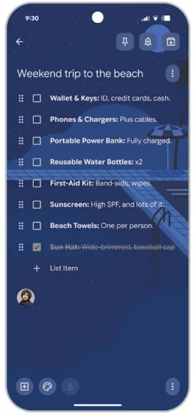 A Google Keep checklist titled "Weekend trip to the beach" with items listed flat, in the order they were typed