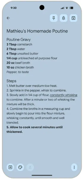 A Google Keep note titled "Mathieu's Homemade Poutine" with a full recipe written out as plain text