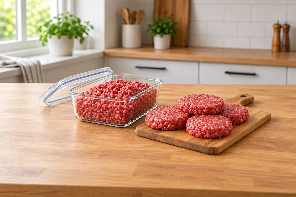 Hackfleisch in einer Glasschale neben rohen Burger-Patties auf einem Brett