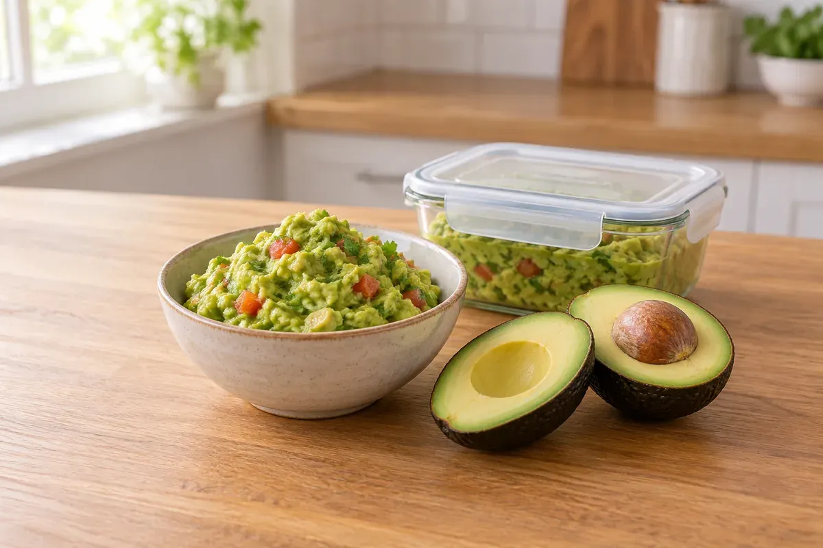 Schüssel Guacamole neben einer halben Avocado und einer Glasdose