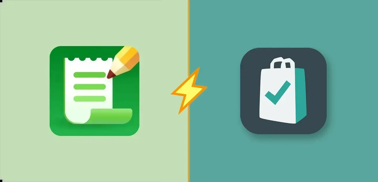 Les icônes des applications Listonic et Bring! côte à côte, séparées par un éclair