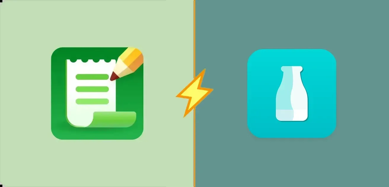 Les icônes des applications Listonic et Out of Milk côte à côte, séparées par un éclair
