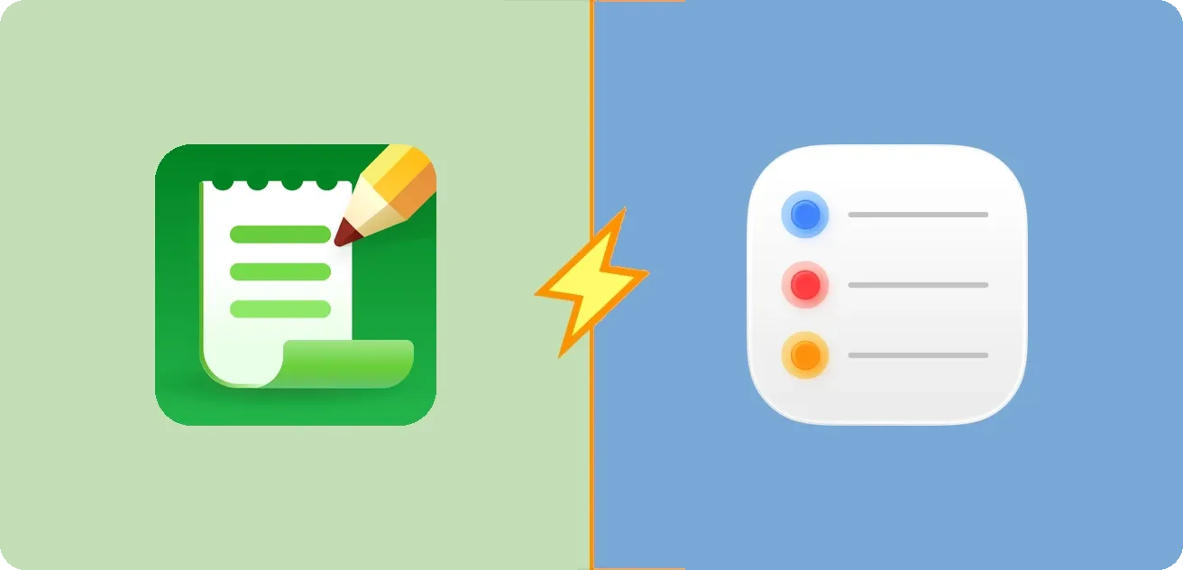 Listonic and Reminders app icons side by side, split by a lightning bolt