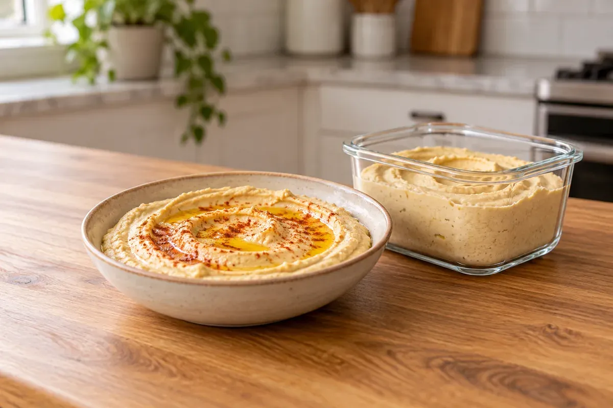 Eine Schale Hummus mit Paprikapulver und Olivenöl neben einer Dose Hummus