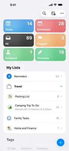 The Reminders app’s home screen, listing Today, Scheduled, All, Flagged, Assigned and Groceries smart lists above My Lists: Reminders, Travel, Packing List, Camping Trip To-Do, Family Tasks and Home and Finance