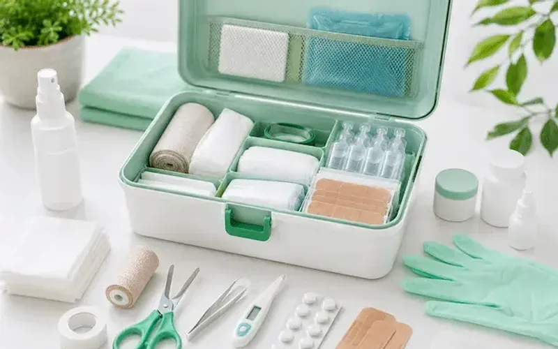A photo illustrating a home first aid kit