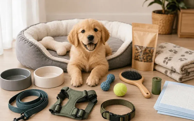 A photo illustrating a starter kit checklist for a dog or puppy