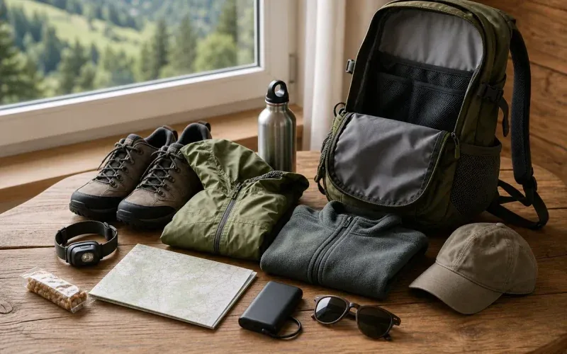 A photo illustrating a packing list for a mountain trip