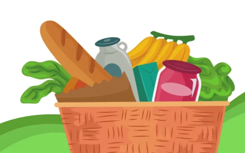 A grocery basket-style photo illustrating a basic grocery list