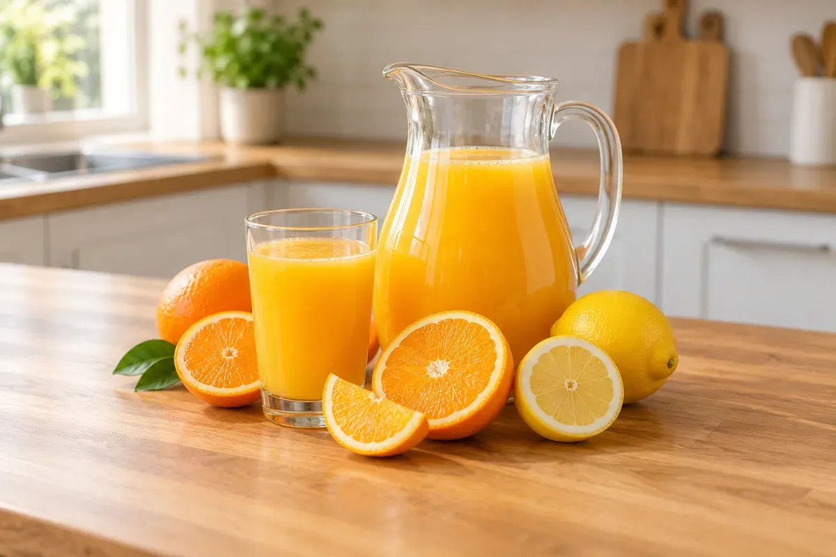 Ein Krug und ein Glas Orangensaft neben aufgeschnittenen Orangen und Zitronen