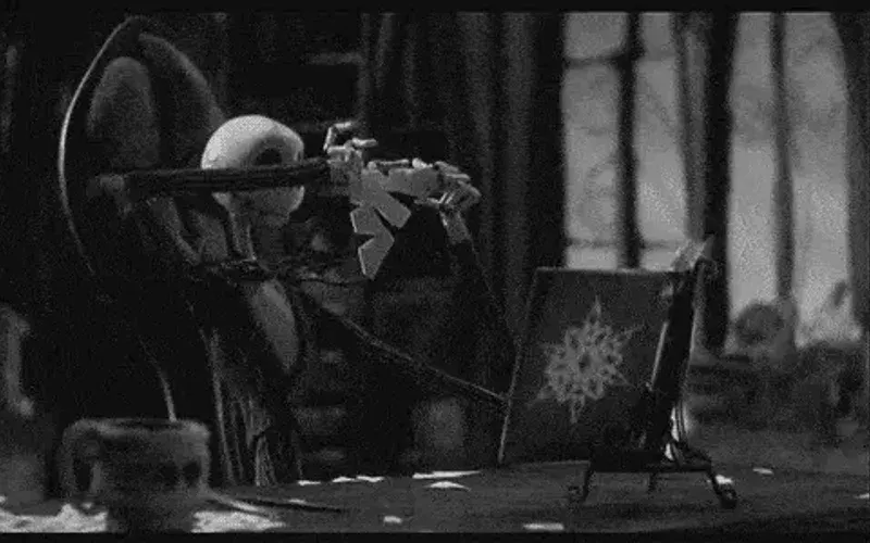 A dark, spooky still frame illustrating cheap Halloween decorations