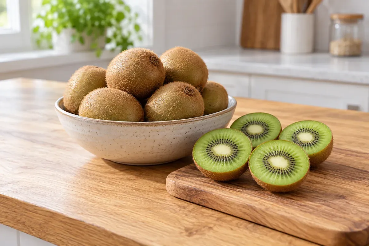 Ganze Kiwis in einer Schale und zwei halbierte Kiwis auf einem Brett