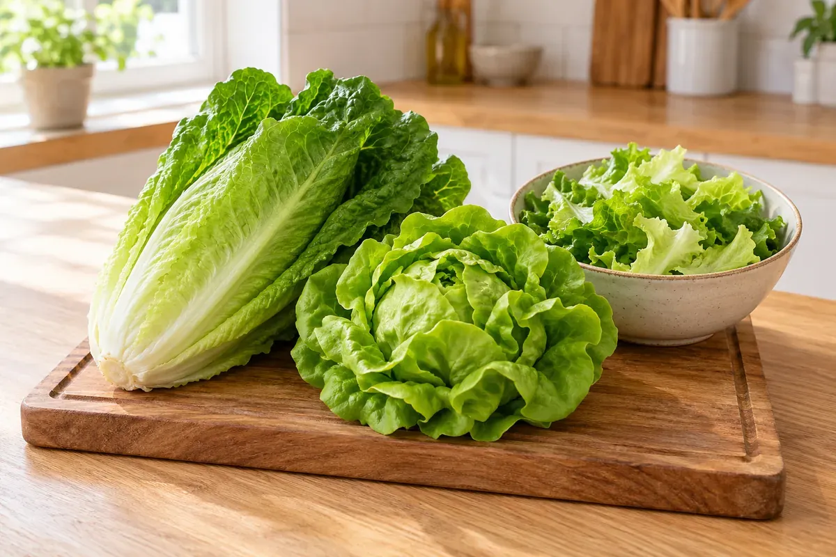 Romana- und Buttersalat auf einem Brett neben einer Schüssel Salatblätter