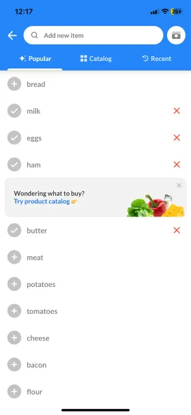 Écran d'ajout d'un produit dans Listonic, avec des suggestions sous le champ de recherche