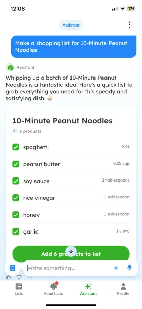 L'assistant de Listonic montre une recette avec un bouton pour envoyer les ingrédients vers la liste de courses